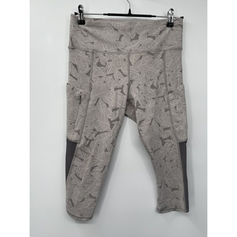 Athleta M Capri Leggings Womens Grey White Leaf Print High Rise Pockets Active